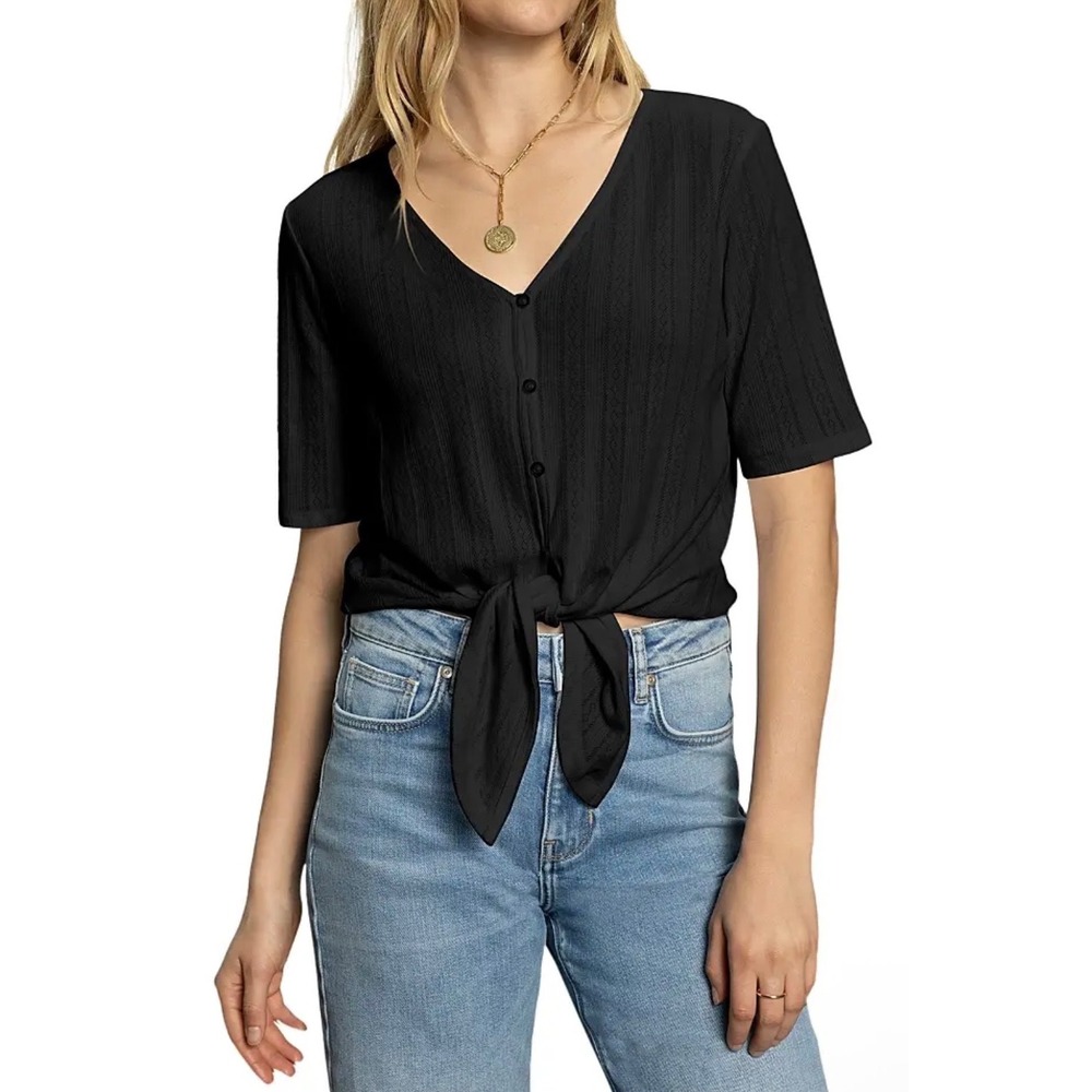 Sanctuary Womens Black Pointelle Knit Button Front Tie Hem Top  XL